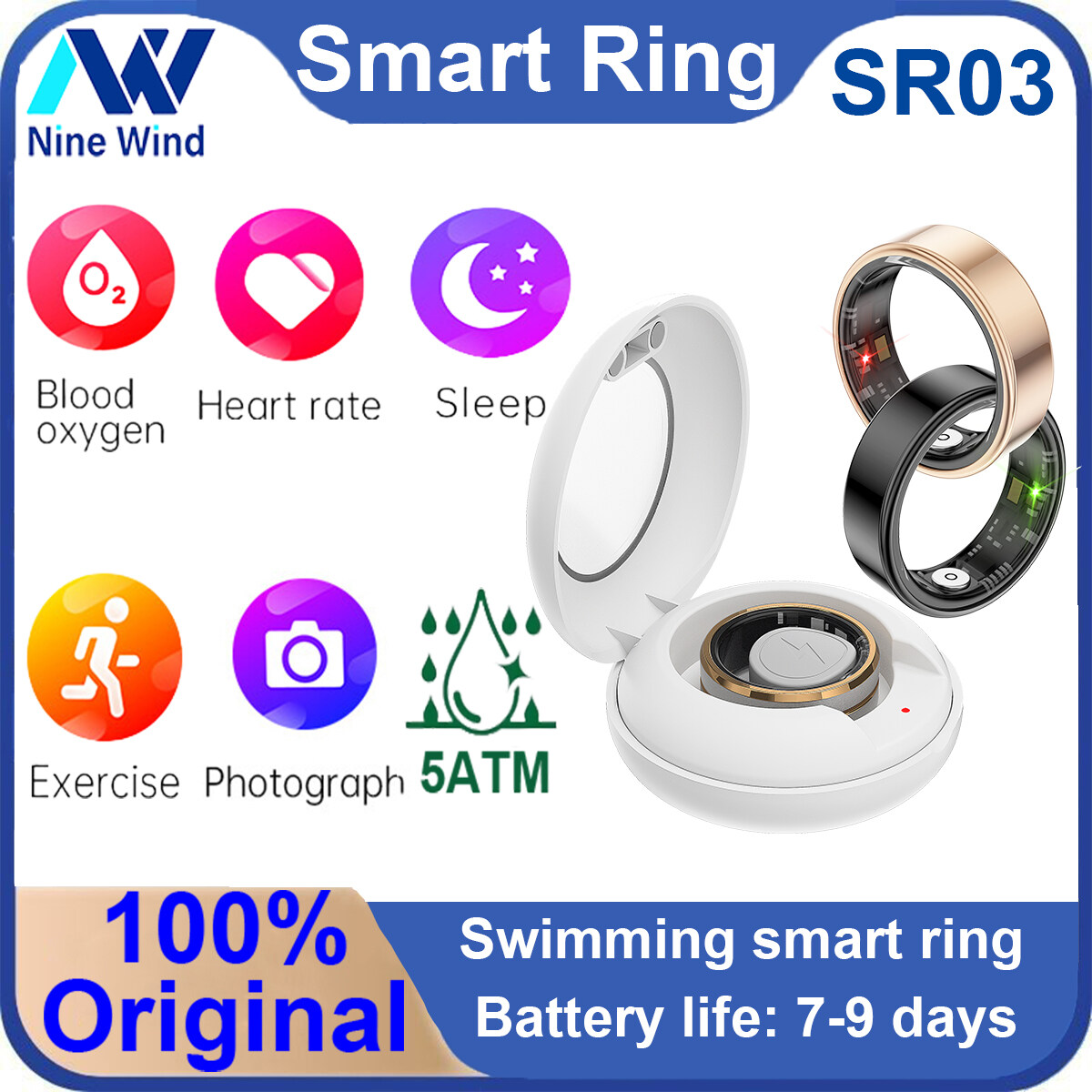 NineWind SR03 smart ring heart rate blood oxygen sleep exercise monitoring for Android IOS gesture photography 5ATM swimming SmartRing For men women ราคา 2,039 บาท*ส่งฟรี