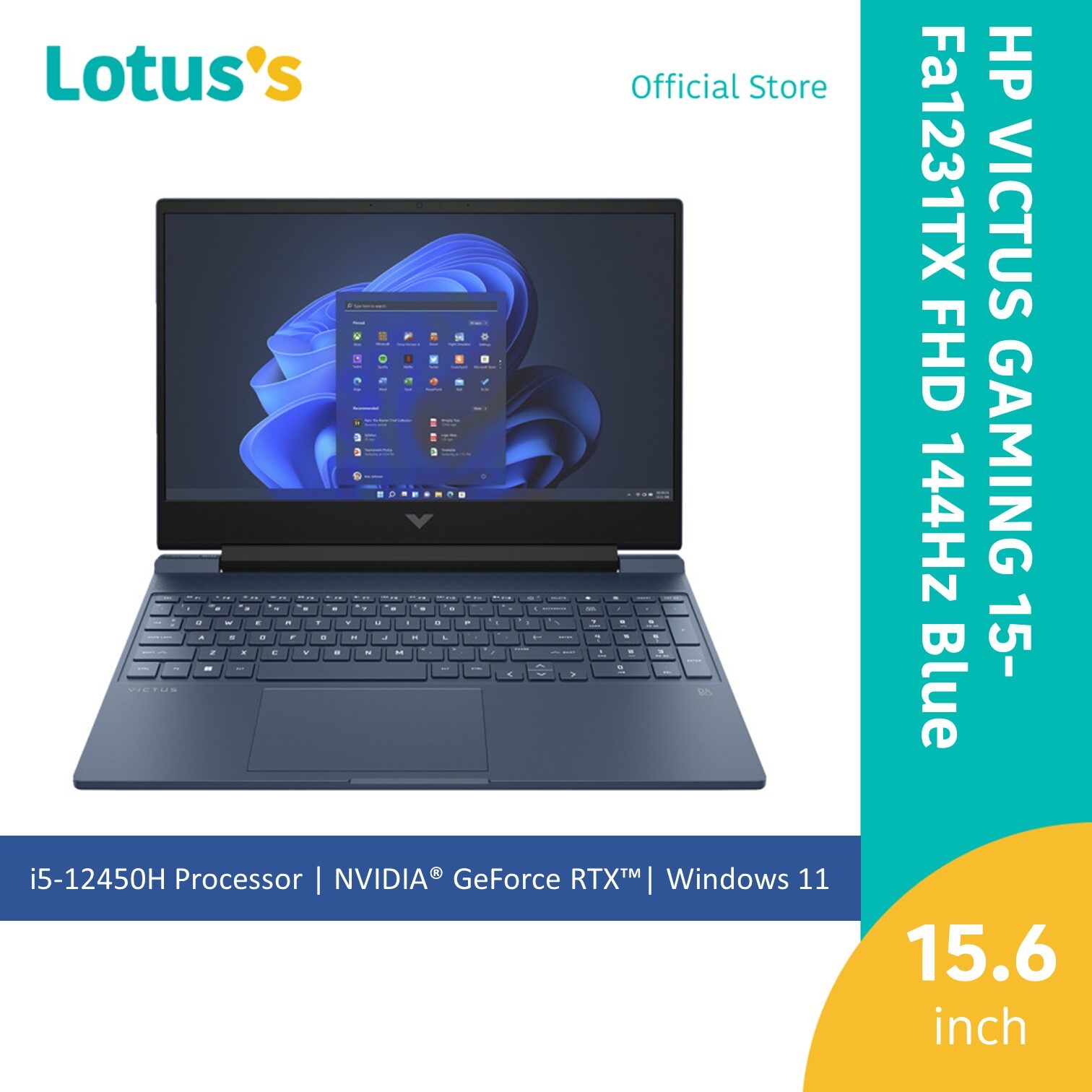 Hp Victus Gaming 15-Fa1231Tx 15.6" Fhd 144Hz Laptop Performance Blue (I5-12450H,8Gb,512Gb, Nv 6Gb,15.6", W11, Blu)
