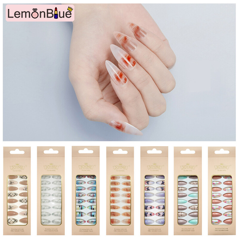 Gambar LemonBlue Fake Nail Patch Long Pointed Head Nails Sweet Style Patterm Print Nail Art Long Finished Nail Piece Best Gifts Pointed Head Nails Sweet Style Patterm Print Nail Art 24PCS Fake Nail Patch