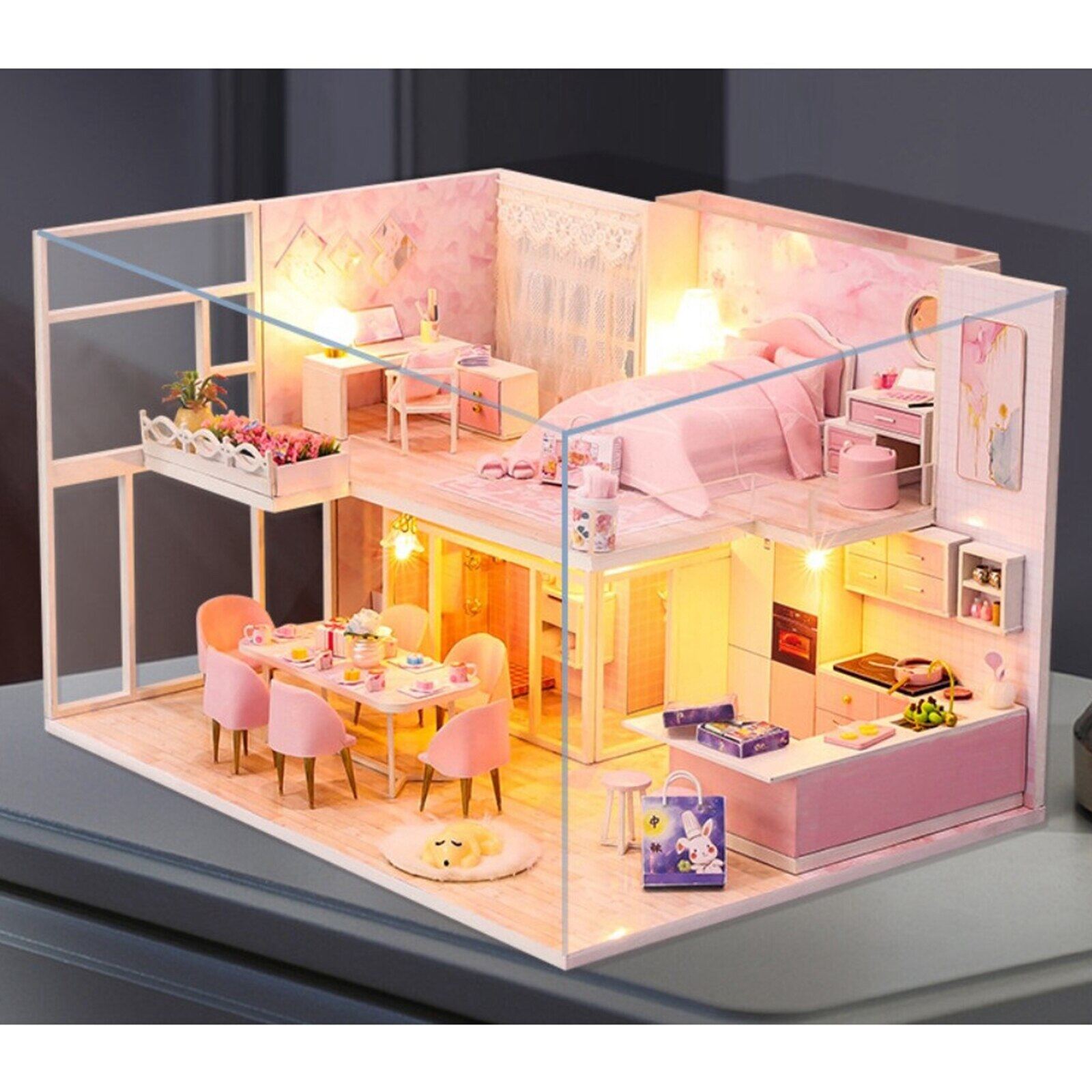 Self Assemble DIY Wooden House Toy Wooden Miniatura Doll Houses Miniature Dollhouse With Furniture LED Lights + Dustproof Cover