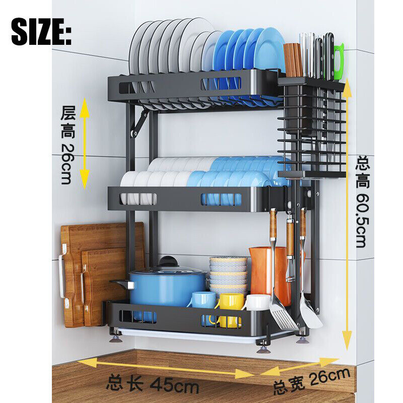 Gambar Dish Drying Rack 3 Tier Hanging Wall Mount Drying Organizer Storage Shelf Drainer for Dishes, Bowls, Utensils, Mugs, Includes Drain Trays and Chopstick Holder for Kitchen Sink, 304 Stainless Steel Dish Drying Rack 3 Tier Hanging Wall Mount Drying Organize