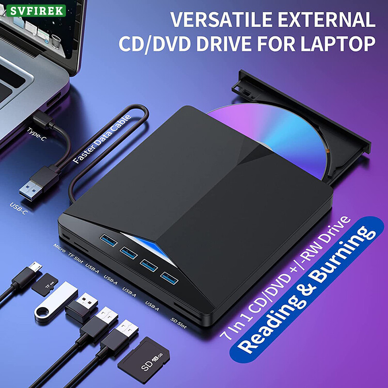  Ổ đĩa DVD ngoài Với 4 USB 3.0 Cổng Loại C Cổng đầu đọc thẻ SD type-C Xách Tay CD ổ đĩa quang DVD Máy Nghe Nhạc Nhà Văn ghi đĩa CD 