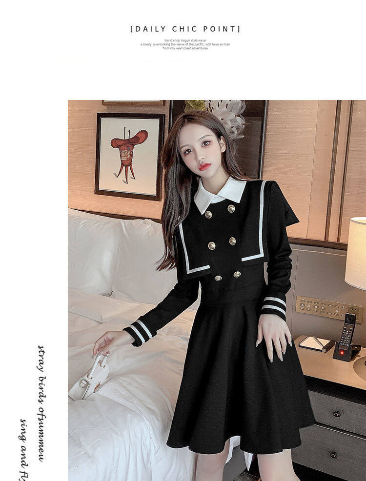 Navy style dress for women 2021 Spring and Autumn new small waist-tight temperament contrast color college style long sleeve A- line dress