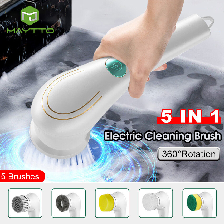  MAYTTO Electric Cleaning Brush 5 IN 1 Magic Brush Electric Cordless Cleaning  for Tub and One Touch Operation & 5 Replaceable Brush Heads For Kitchen Bathroom Toilet Washbasin 
