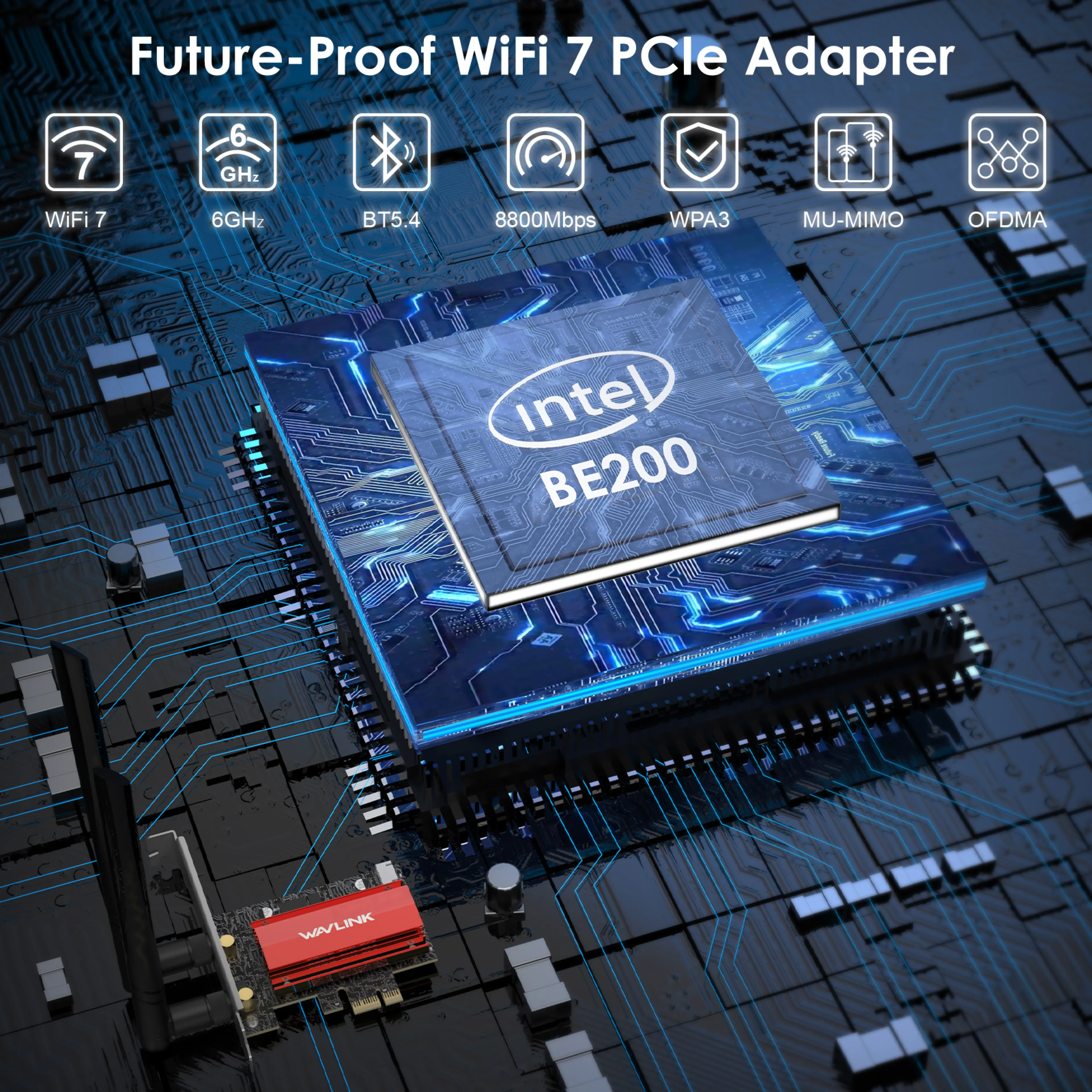 WAVLINK 2024 New BE8800 WiFi 7 PCIe Network Card, Tri-Band BE200 Wireless Adapter with Bluetooth 5.4, MU-MIMO, WPA3, Low-Profile Bracket, Heat Sink, for Windows 10/11 Desktop PC