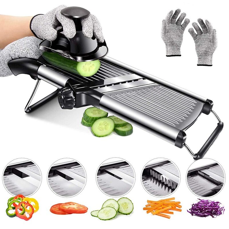 Dụng cụ bào Có Thể Điều Chỉnh Máy cắt thực phẩm Thép Không Gỉ Cho Rau nhà bếp Slicer Hành Tây khoai tây và trái cây khoai tây chiên Cutter khoai tây chiên dụng cụ thái lát mỏng và dài Với găng tay chống cắt