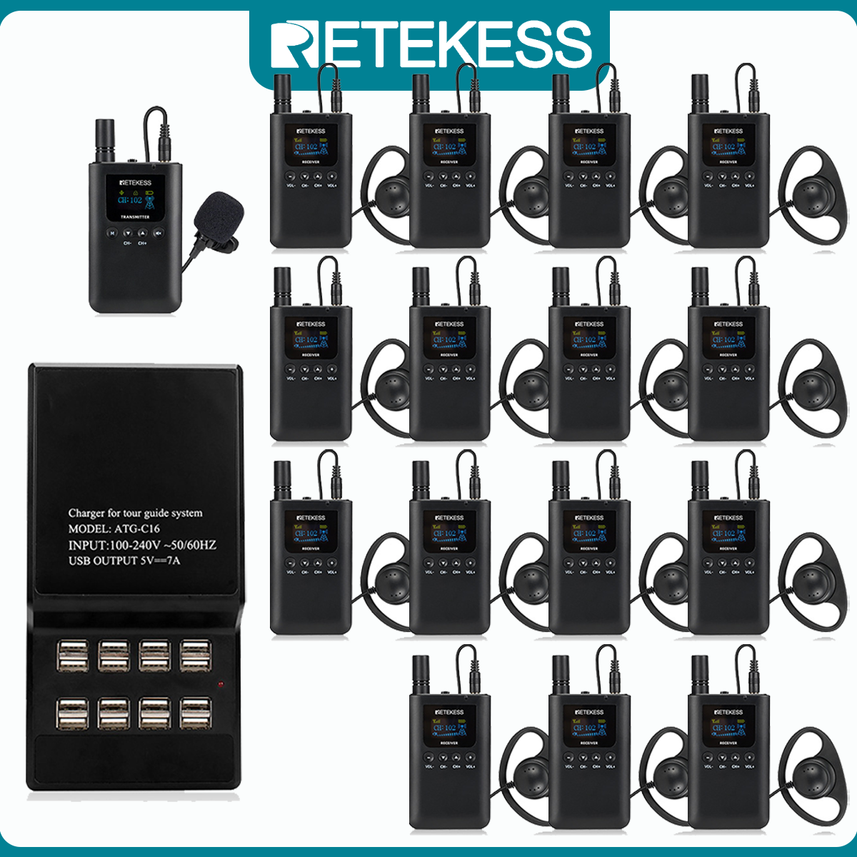 Hệ thống hướng dẫn du lịch retekess tt125 2.4GHz, khoảng cách 150m và tuổi thọ pin 3000mAh