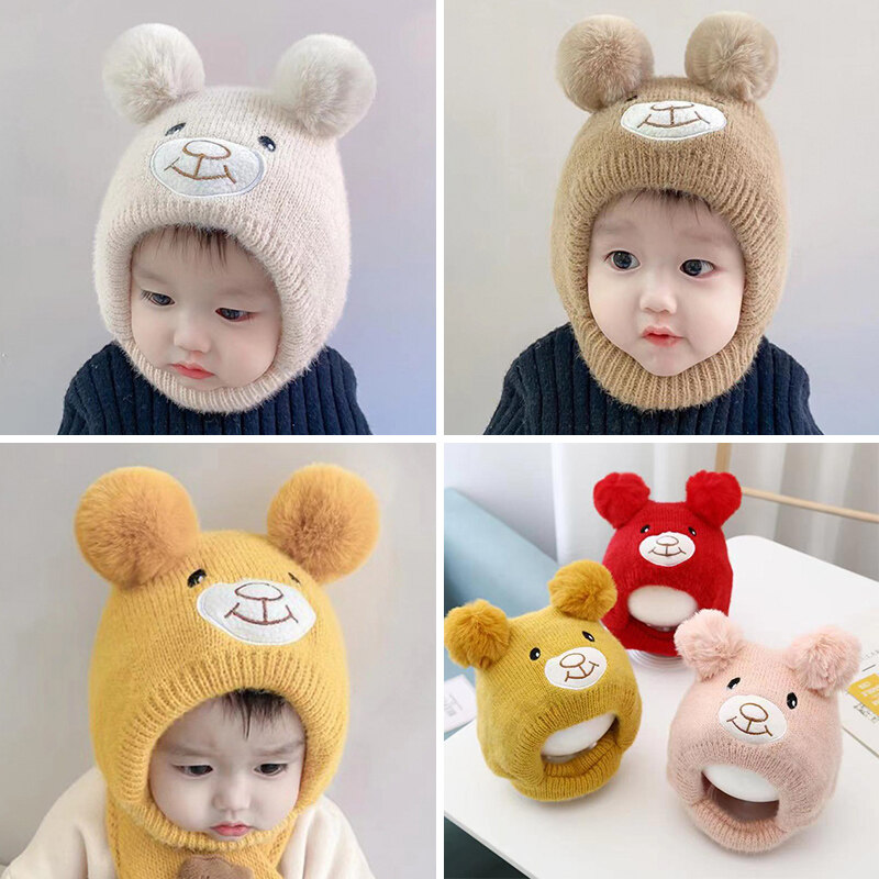 Korea Cartoon Bear Newborn Baby Hat Knitted Double Pompom Toddler Infant