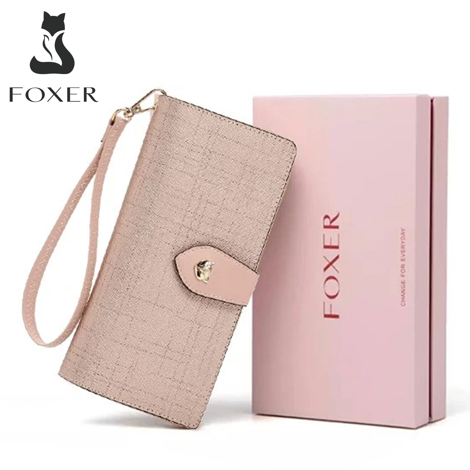 FOXER Women Leather Wallet Long Bifold Wallet Clutch Cellphone Bag with Wristlet Card Holder