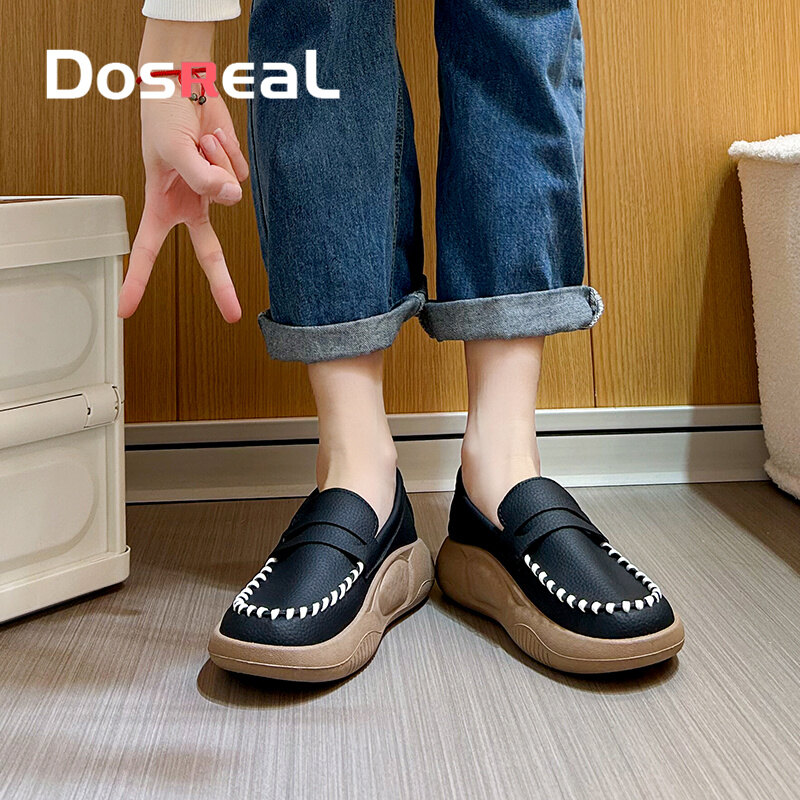 DOSREAL Sneakers for Women On Sale Leather Korean Style Slip On Wedge Shoes for Women Vintage Flats Platform Female Loafers Thick Bottom ราคา 451 บาท*ส่งฟรี