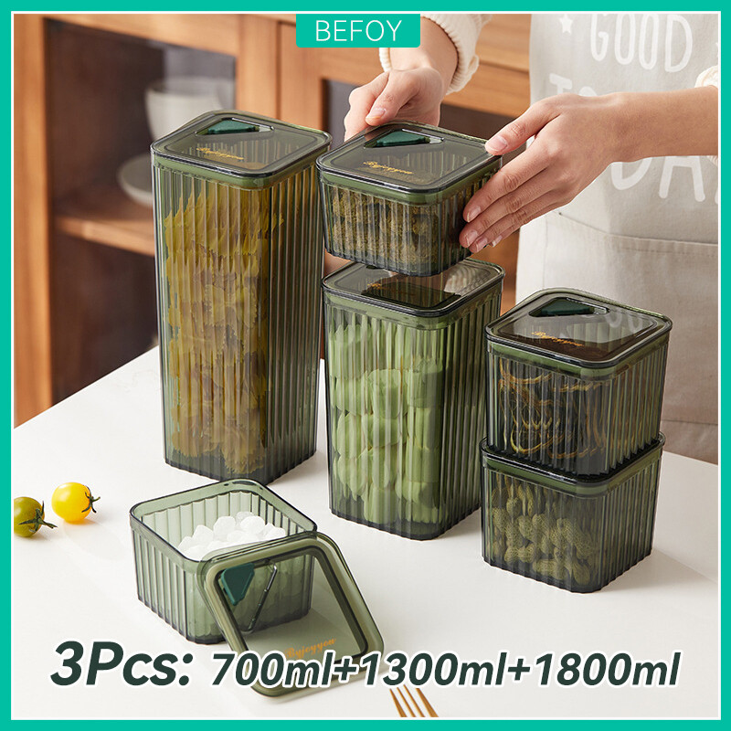 Gambar BEFOY 3pcs set Food Storage Container [700ml+1300ml+1800ml] Plastic Transparent Sealed Cans Kitchen Fridge Noodle Box Black Lid Multigrain Storage Tank