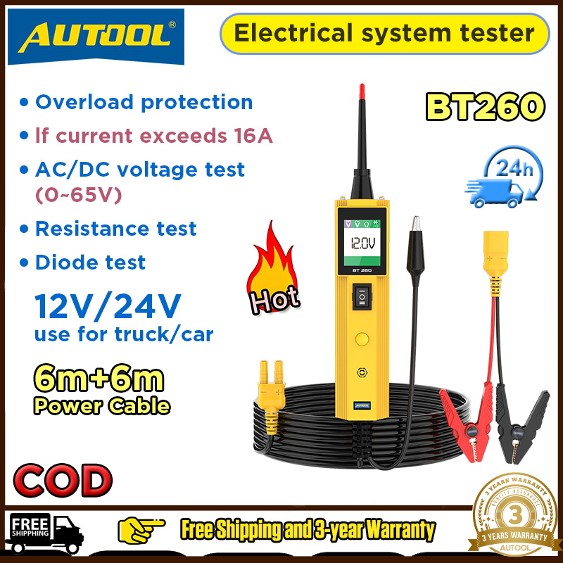 AUTOOL BT260 Power Circuit Probe Kit 12V 24V 10A LED Automotive Circuit Tester Car Electrical System Test Tool Kit,AC DC Resistance Digital Voltage Tester,Short Finder,Relay Fuse Tester ราคา 2,059 บาท*ส่งฟรี