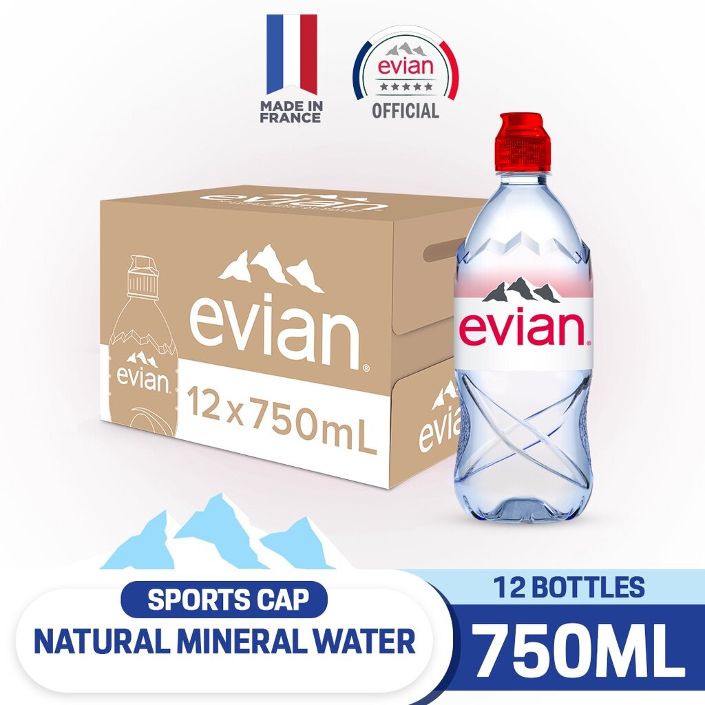 evian Water Bottle with Sports Cap, 750ml (Pack of 12) 