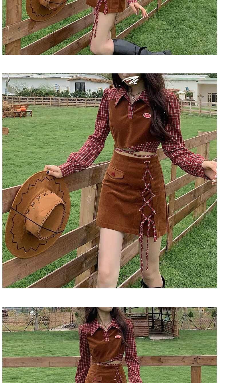 Niche design stitching plaid top hot girl tied top short skirt two-piece set 2021 New fall women's clothing