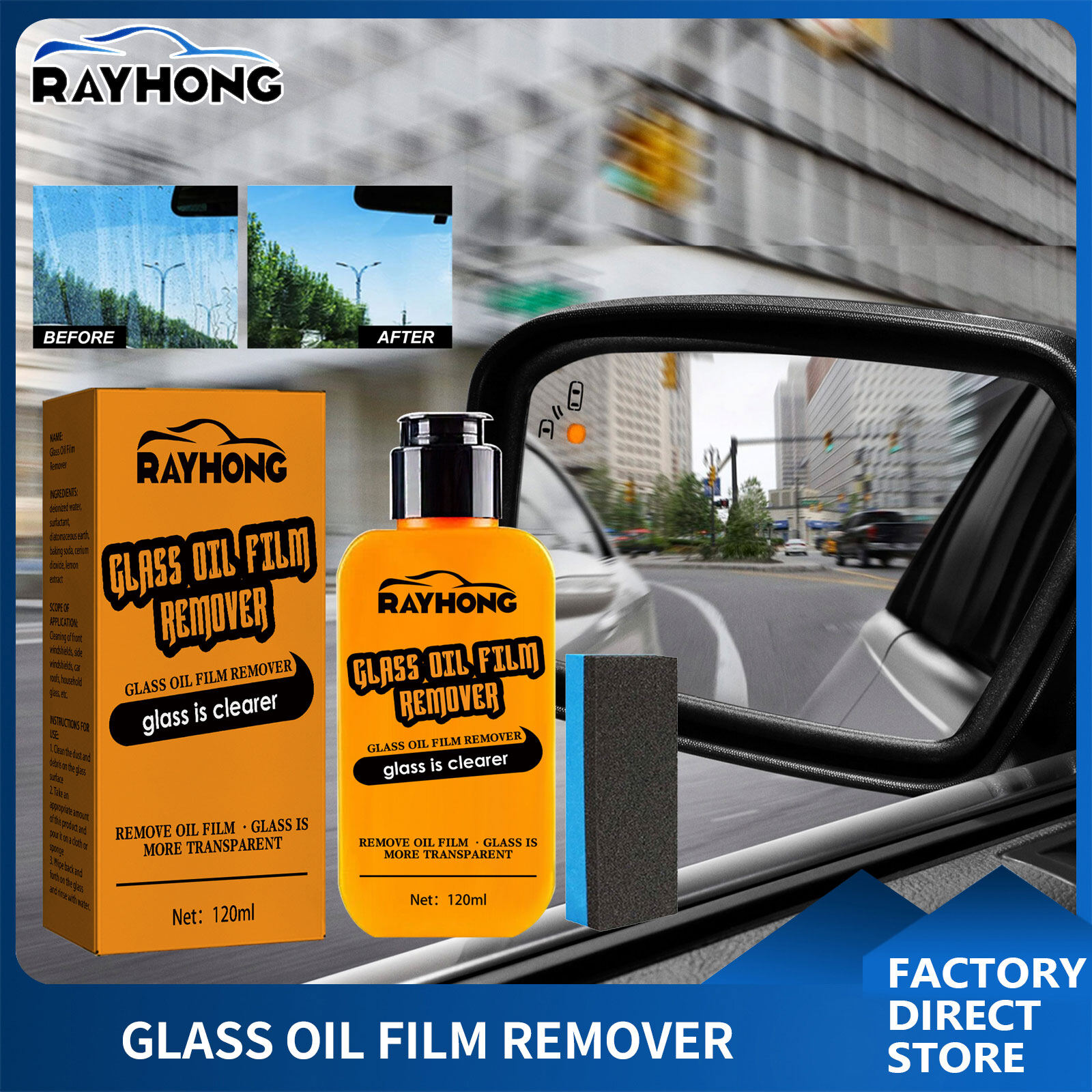Rayhong miếng dán film thủy tinh xe loại bỏ kính chắn gió ô tô dầu phim loại bỏ dầu phim làm sạch dầu thủy tinh làm sạch bảo dưỡng xe kính chắn gió chất làm sạch kính loại bỏ dầu phim vòi rửa mạnh sạch (120ml)