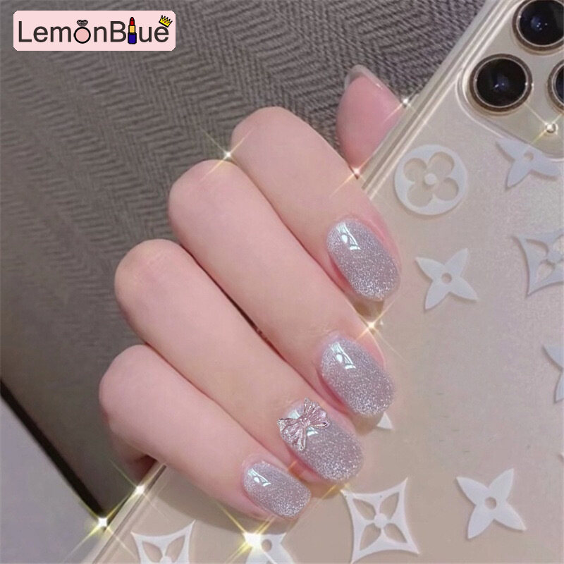 Gambar LemonBlue Set of 24 Short Nail Piece Set with Glue Pearlescent Stick on Acrylic Jelly Nails for Manicure Nail Salon