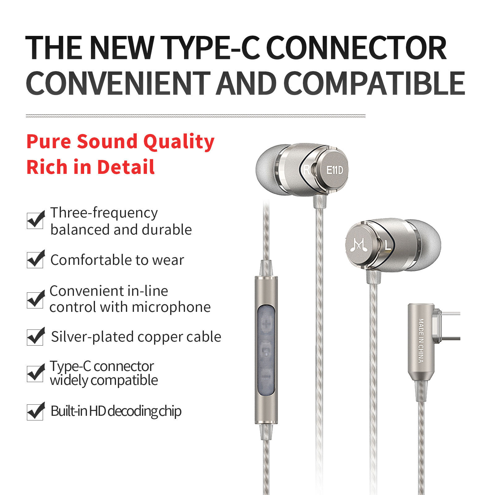Ban đầu soundmagic e11d loại-c tai nghe nhét tai cho samsung galaxy s21 lưu ý 20 10 + s20 khối lượng micro có dây contro l