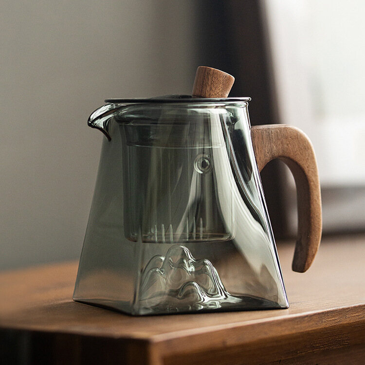 Gambar Japanese style Wooden Handle Glass Teapot Creative Mountain View Design Square Household Teapot Single Pot High Temperature Can Be Heated