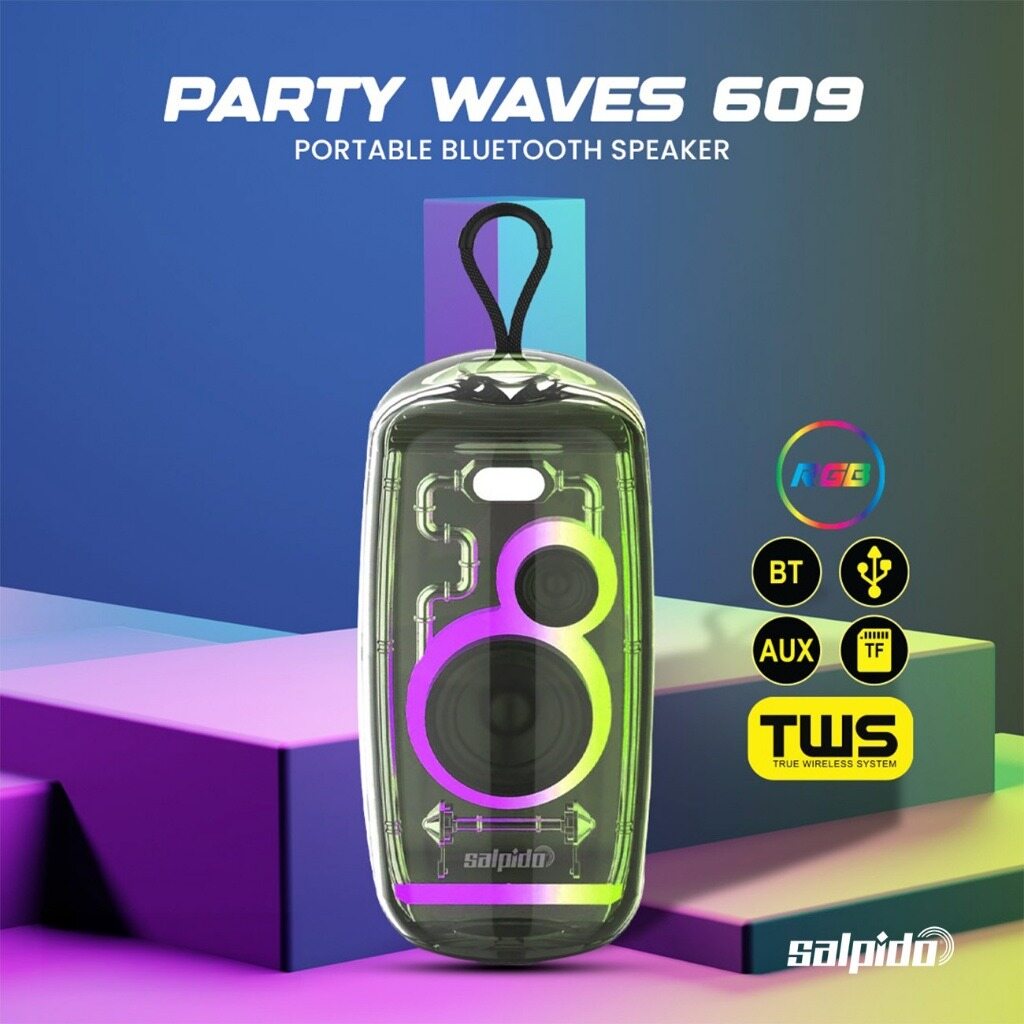 Salpido Party Waves 609 Portable Bluetooth Speaker - Type-C Rechargeable, TF Card/USB Play, RGB LED Lights, Outdoor Party Speaker