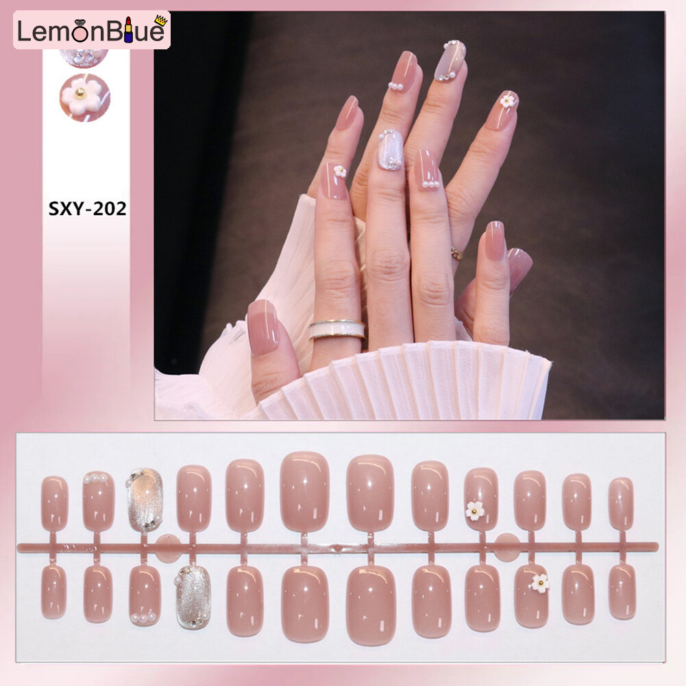 Gambar 24PCS Long Press on Nails Cute Pearl   Floral Full Coverage Artificial Nails Removable Save Time Manicure Salon DIY Art Fake Nails Jelly Gel Glue Type