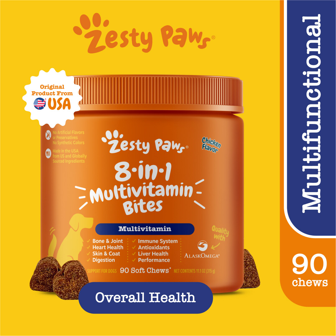 Zesty Paws 8-in-1 Multivitamin Bites for Dogs Overall Support ขนมสารพัดประโยชน์สำหรับสุนัข [รสไก่] (แบบนุ่ม 90 เม็ด) (หมดอายุ:01 2026) [ส่งเสริมการทำงานของสะโพกและข้อต่อ ดูสุขภาพหัวใจ,สุขภาพผิวหนัง,การทำงานของลำไส้ ,ระบบภูมิคุ้มกัน] ราคา 1,350 บาท*ส่งฟรี