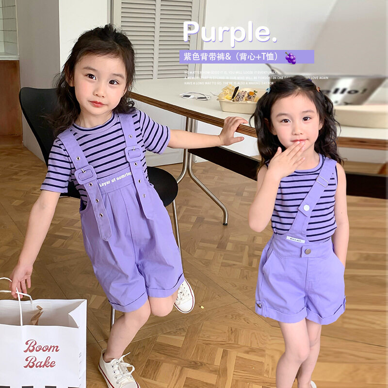 2023 New Girls Striped Tops + Strap Shorts Pants Set Casual Sports Summer