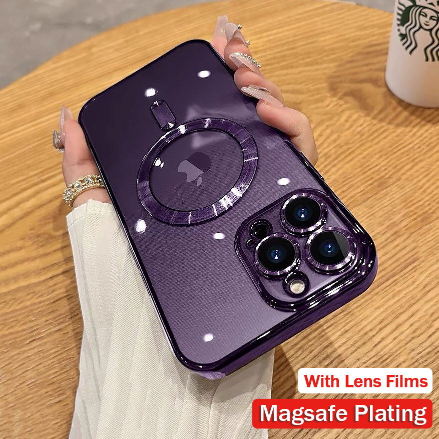 【 With Lens Films 】 CrashStar Magsafe Plating Transparent Soft Anti-fall Phone Case For iPhone 15 14 13 12 11 Pro Max XS XR X 8 + 7 Plus Wireless Charging Phone Casing Full Cover Clear Shockproof Phone Cover Top Seller