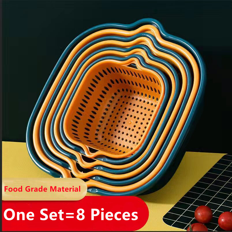 Gambar Eight Piece Set Plastic Washing Basin Drain Basket Vegetable Washing Double Layer Square Colander Set Fruit Washing Plate Living Room Home