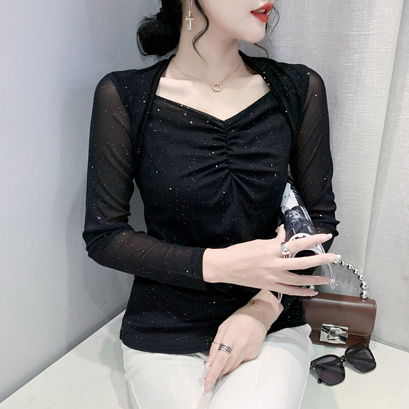 Yimei 2023 dáng ôm mới mùa thu underlay tay áo dài lưới T-Shirt thiết kế ý nghĩa v-cổ mạ vàng lấp lánh màu tím hàng đầu