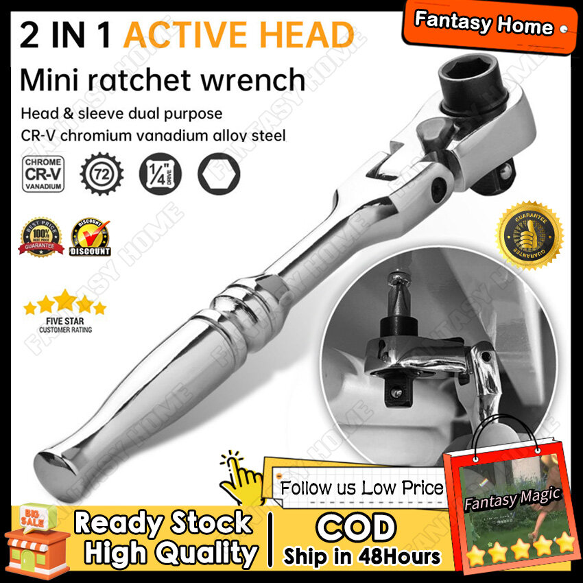 ⭐In Stock⭐2 In 1 Round handle Ratchet Wrench 1/4 Double Ended 72 Teeth Quick Spanner Tool Screwdriver Socket Bit DIY Home Repair Hand Tool