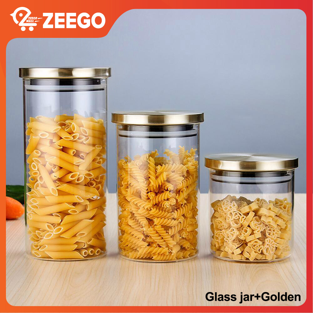 Gambar ZEEGO Kitchen Food Storage Jar Pasta Flour Storage Glass Bottle With Stainless Steel Cover Golden Home Fresh keeping Box