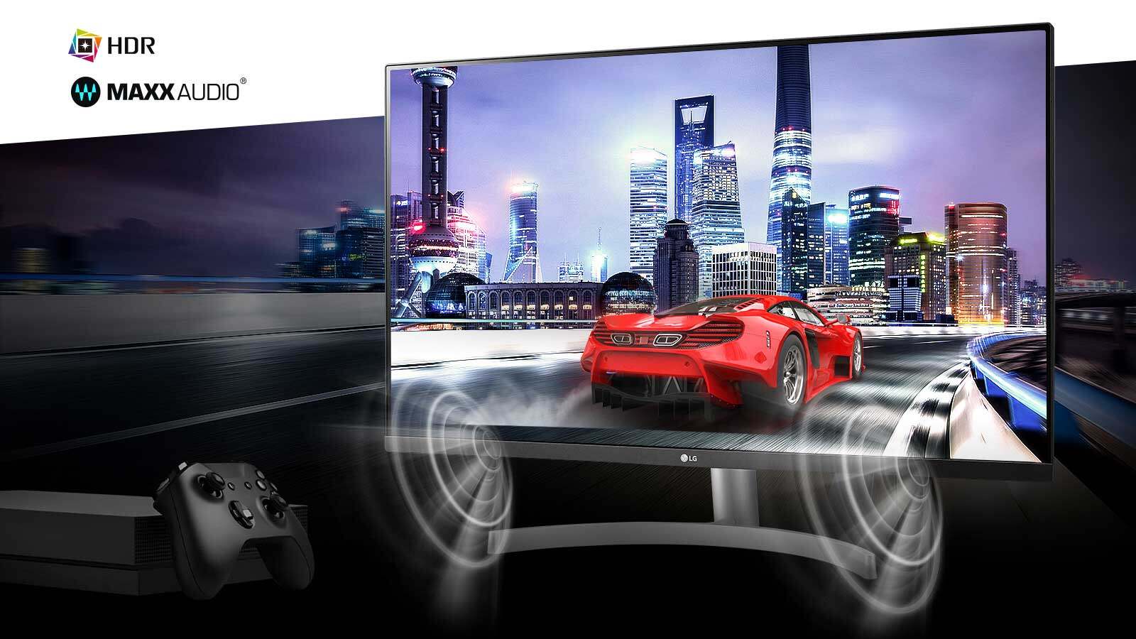 Immersive true 4K HDR console gaming with the car scene with MAXXAUDIO®