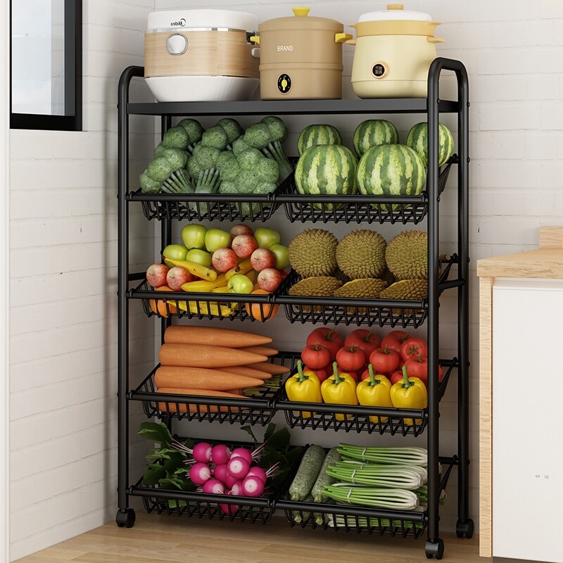 Gambar The kitchen shelf basket of fruits and vegetables to receive multiple mobile landing microwave sundry storage rack