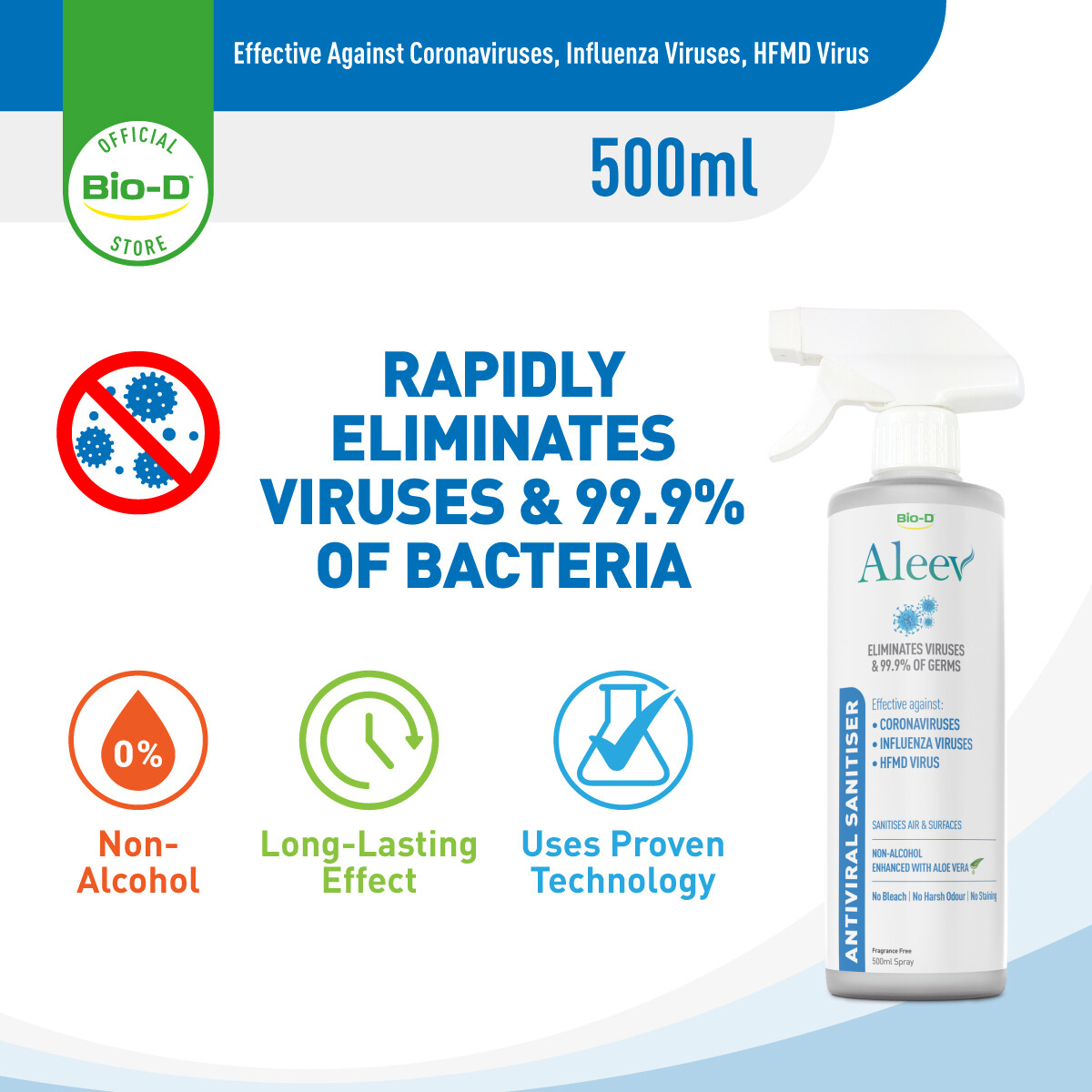 Gambar [Non Alcohol] Bio D Aleev Antiviral Sanitiser 500ml Spray