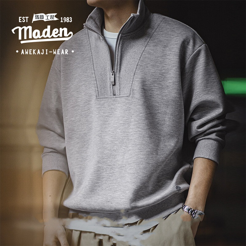 Maden thương hiệu bảo hộ lao động phong cách 2025 mùa thu mới trưởng thành người đàn ông quý ông người Mỹ giải trí lớp không khí khoá kéo nửa Áo len Học Viện grey spliced đứng cổ áo len