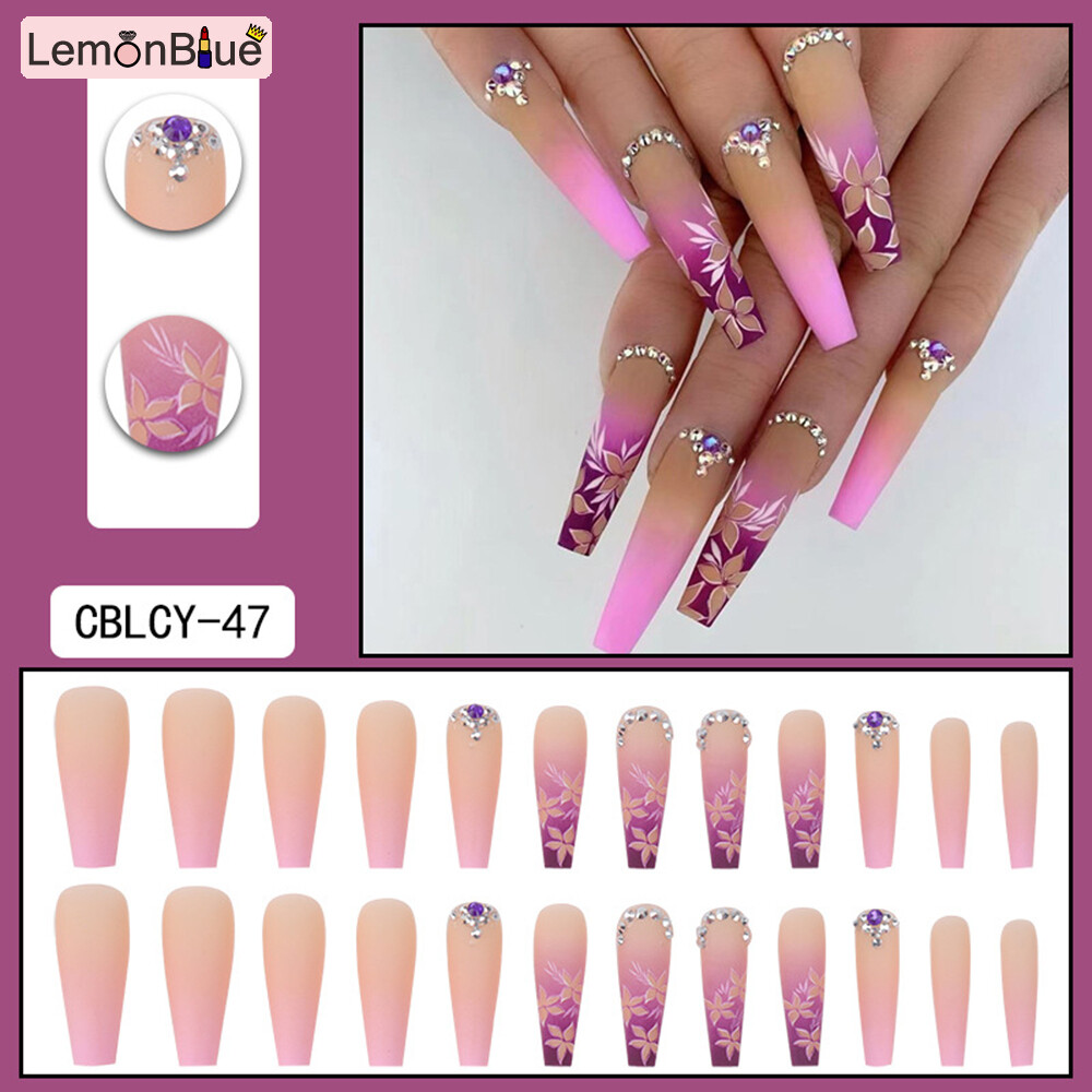 Gambar 24PCS Gradient Floral Press On Nails Sweet Style Wearable Full Cover Long Nails Finished Nails Piece Removable Save Time Artificial Nails with Jelly Gel Glue