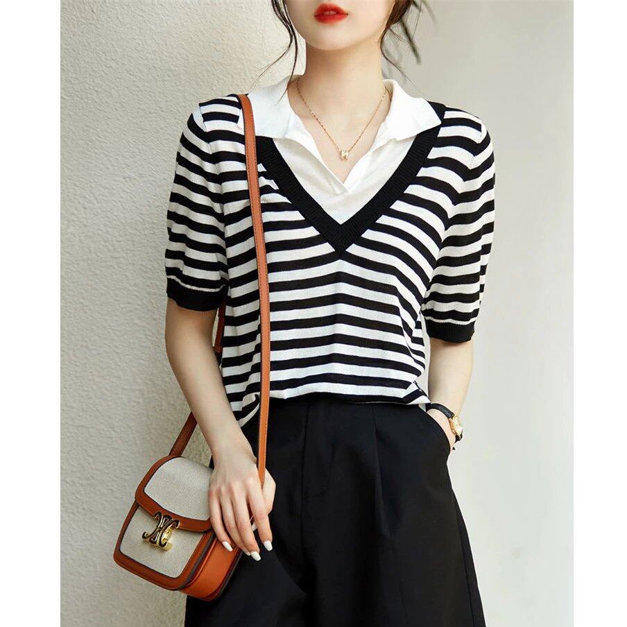 LUCKIN STORE Women's Knit Short Sleeve Tops Casual Plus Size T-Shirt Thin V-neck Shirt Summer New Polo Collar Shirt