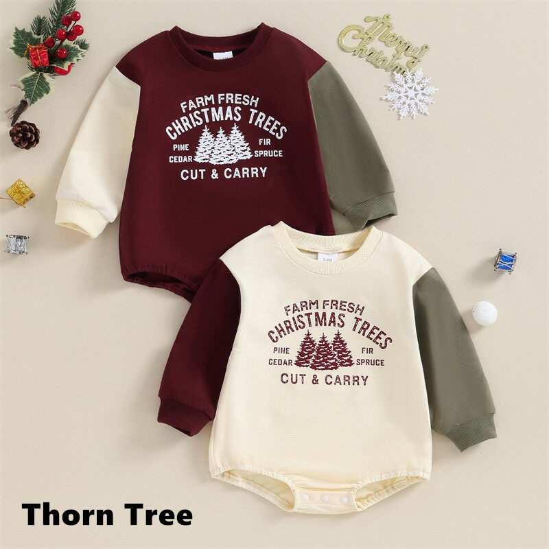 Thorn Tree Baby Boy Christmas Romper Contrast Color Long Sleeve Tree Print