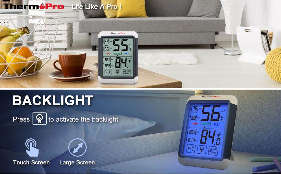 ThermoPro TP55 Digital Hygrometer Indoor Thermometer Humidity Gauge with  Large Touchscreen and Backlight Temperature Humidity Monitor