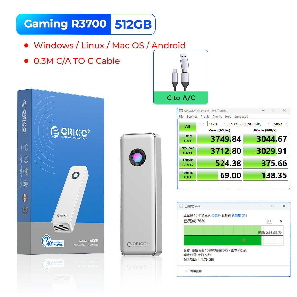 Orico Chơi Game Xách Tay SSD Tốc Độ Cao Lướt Sóng Gamer Của Sự Lựa Chọn USB 4 Tương Thích Thunderbol