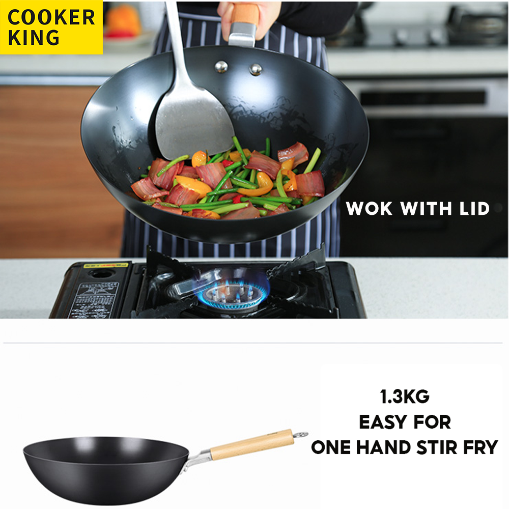 Gambar READY STOCK_COOKER KING?No Coating, Pre seasoned?Traditional Iron Wok,Carbon Steel Wok, Wood Handle,Quick Fry,32cm,Suitable For Gas Stove
