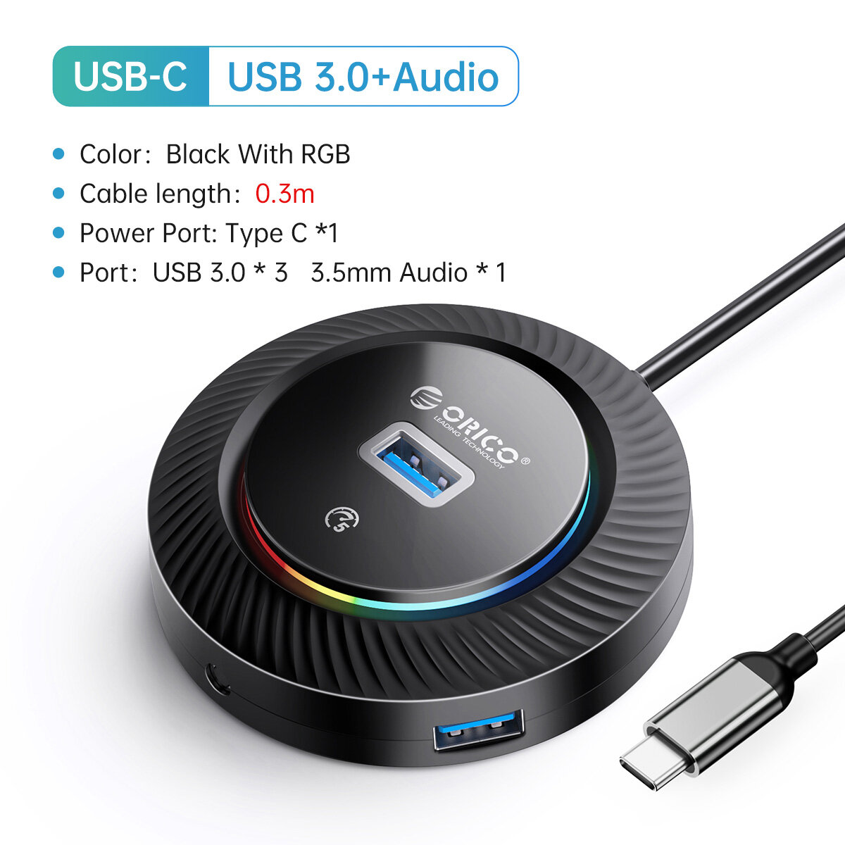 ORICO mini Vòng RGB USB 3.0 HUB với Loại C Cổng nguồn 5Gbps tốc độ cao đa Splitter Bộ chuyển đổi OTG