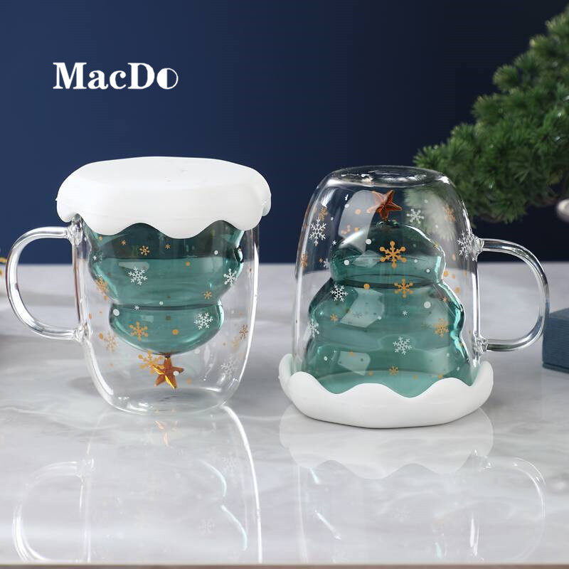 300ml Christmas Tree Star Wishing Cup Double Wall Glass Latte Coffee Mug Cafe Tea Gift ราคา 224 บาท*ส่งฟรี