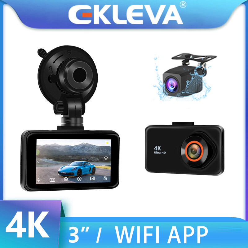 Ekleva Camera hành trình 3 inch Camera hành trình 4K + 1080P DVR xe hơi có wifi ống kính kép HD 3840P Camera hành trình tua nhanh thời gian phát lại video Camera hành trình ghi hình 24h
