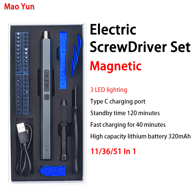 Bộ tua vít điện chính xác 11/36/51 trong 1 bộ tua vít sạc nhanh type-c kèm đèn led dụng cụ điện sửa chữa điện thoại