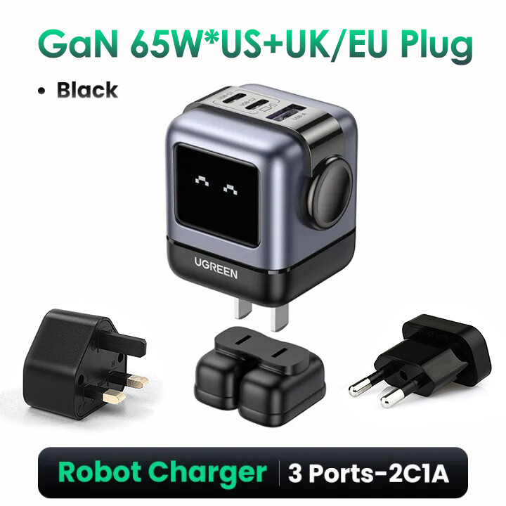 UGREEN Robot 65W GaN Travel Charger 3-Port PD Fast Wall Charger RG with UK/EU/US Plugs adapter for i