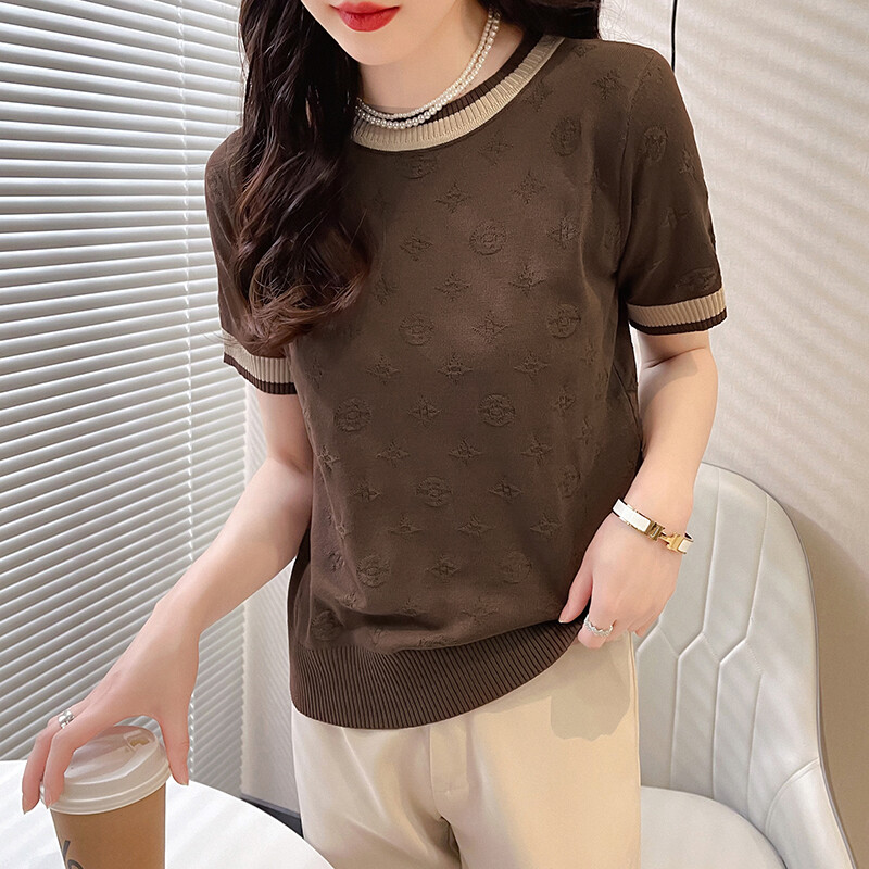  LUCKIN STORE Áo Dệt Kim Ngắn Tay Cho Nữ Áo Len Áo Thun Cổ Tròn Áo Jacquard Màu Tương Phản Áo Cánh Mới Mùa Hè 