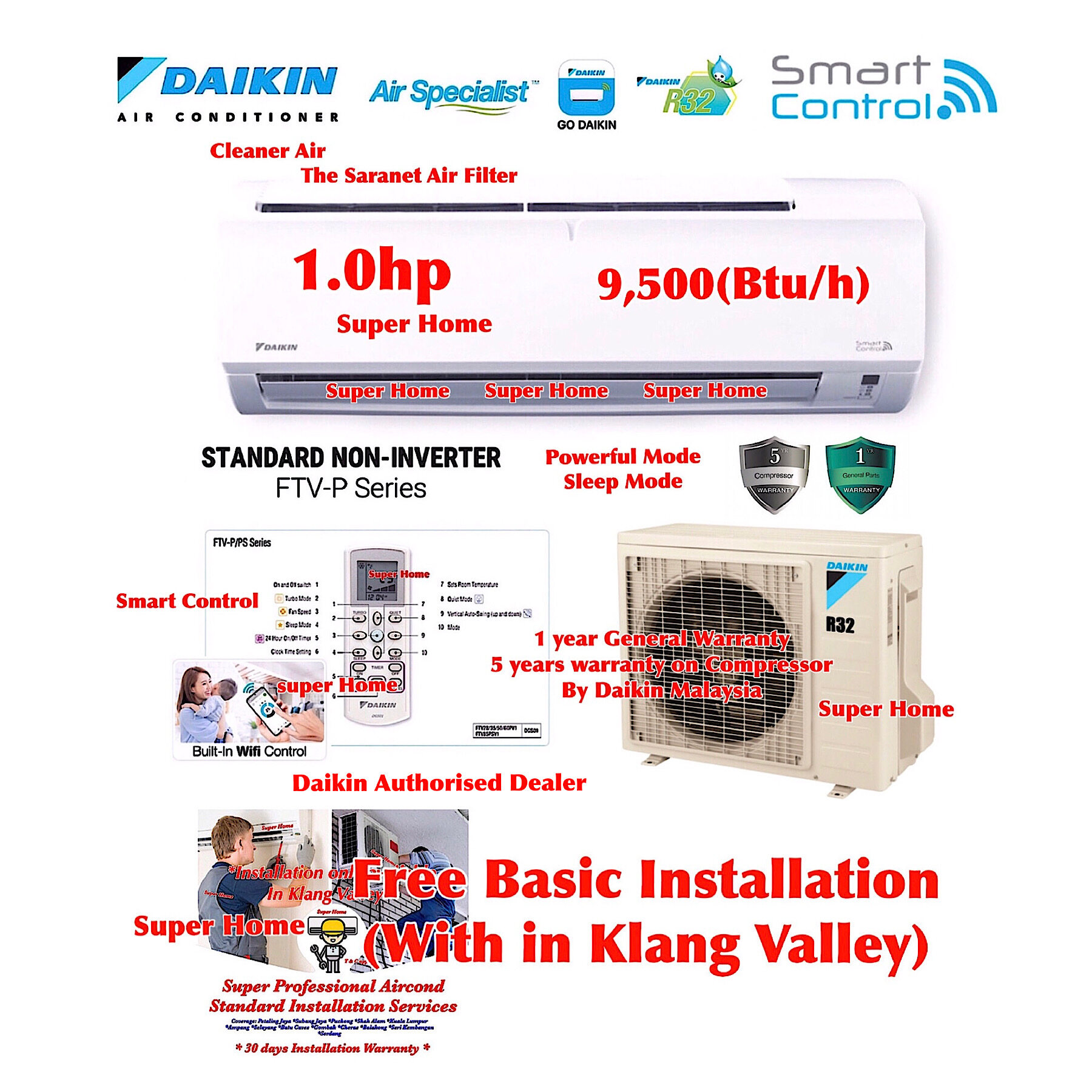 Daikin 1 0hp Ftv28p Rv28f 3wm G1f Wifi R32 Non Inverter Wall Mounted Air Conditioner R32 Aircond Smart Control Lazada