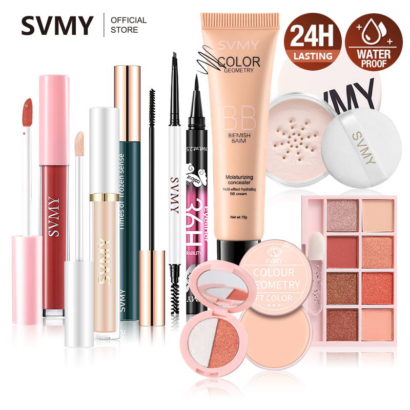 SVMY Complete 10 Pcs Makeup Set BB cream + Eyeliner pen + Eyebrow pencil + Eye shadow + Eye black + Lipstick+ Loose powder + Concealer + Powder blusher + Grooming