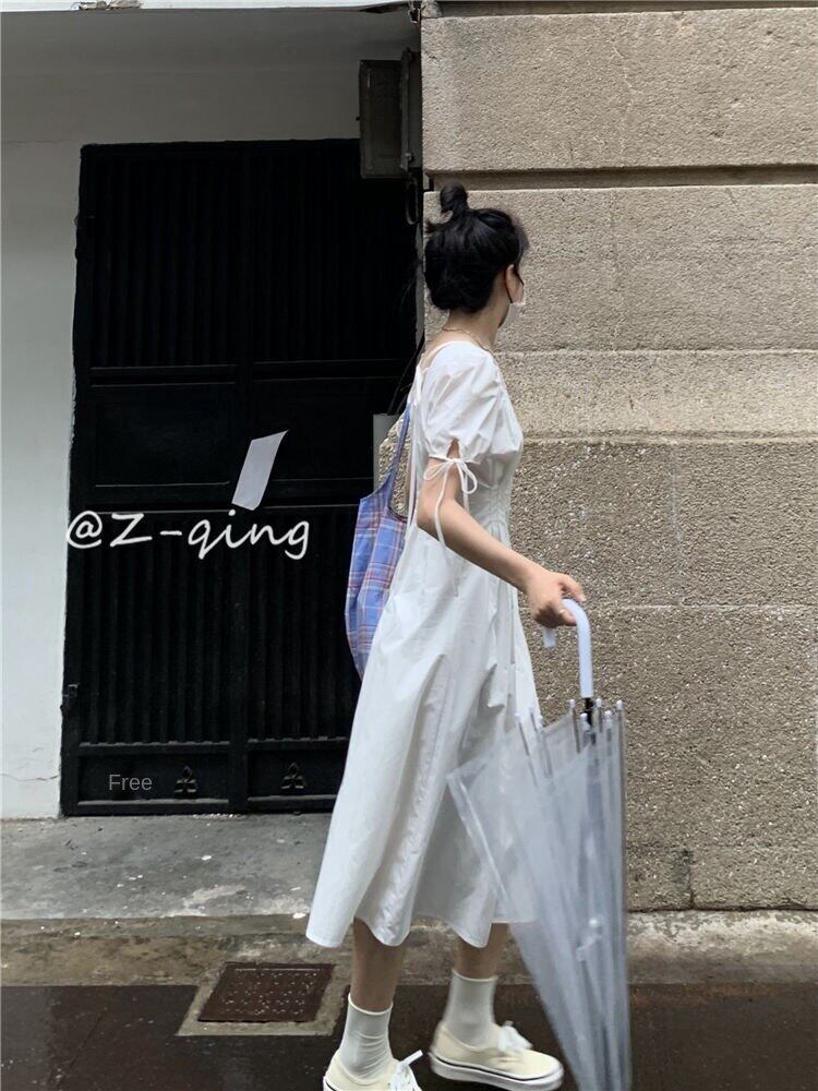 French style square collar puff sleeve dress design niche temperament slim fit gentle first love backless white fairy skirt